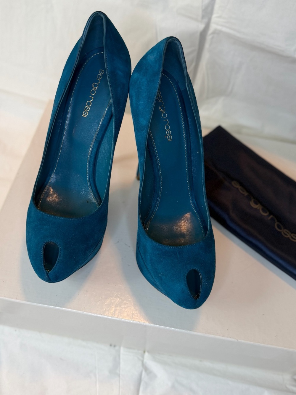 Sergio Rossi Teal Suede Peep-Toe Pumps